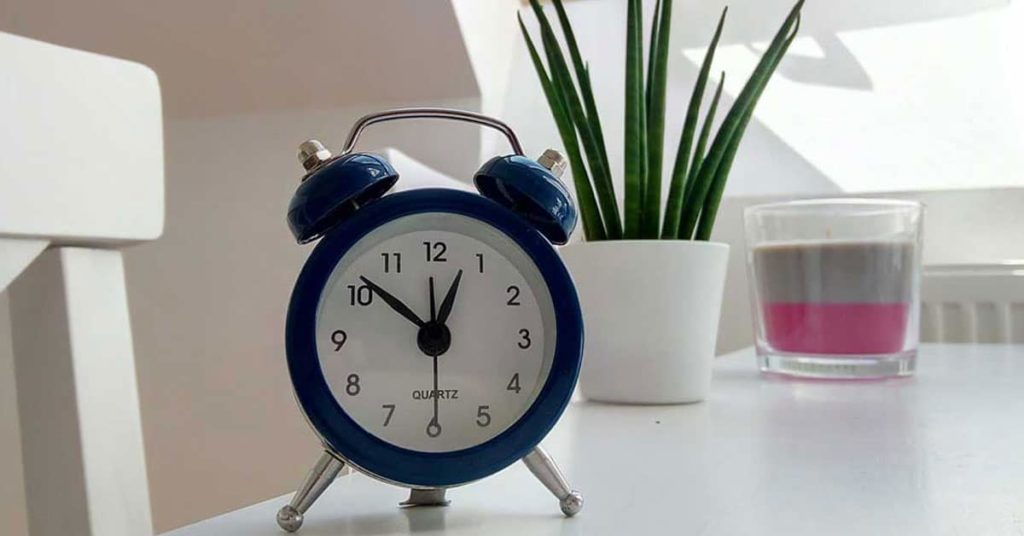 Round Blue Alarm Clock With Bell on White Table Near Snake Plant