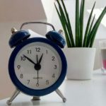 Round Blue Alarm Clock With Bell on White Table Near Snake Plant