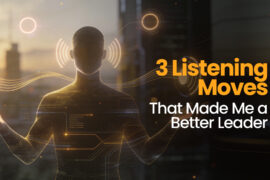 Abstract digital illustration of a human figure surrounded by sound waves and interface elements, with the text ‘3 Listening Moves That Made Me a Better Leader.’