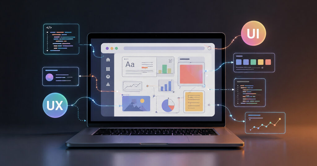 A laptop displays a screen with various charts, graphs, and interface elements, while colorful icons labeled UI and UX are connected to it, representing concepts of user interface and user experience design.