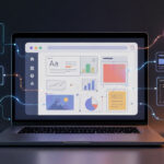 A laptop displays a screen with various charts, graphs, and interface elements, while colorful icons labeled UI and UX are connected to it, representing concepts of user interface and user experience design.