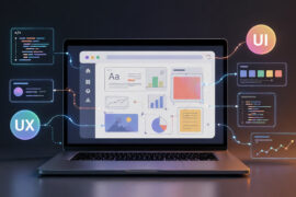 A laptop displays a screen with various charts, graphs, and interface elements, while colorful icons labeled UI and UX are connected to it, representing concepts of user interface and user experience design.
