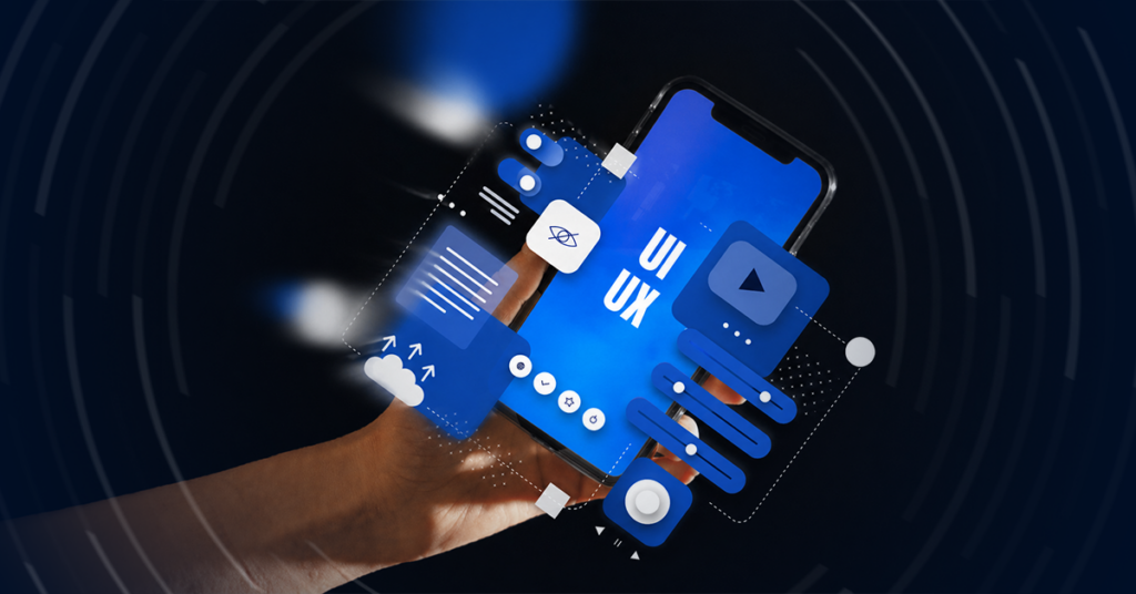 Hand holding a smartphone displaying blue UI and UX interface elements, surrounded by floating digital design components on a dark background.