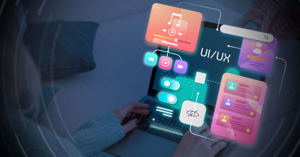 Person using a laptop with colorful digital UI/UX interface elements, such as music, video, settings, and user profiles, displayed over the screen, representing digital design and user experience concepts.